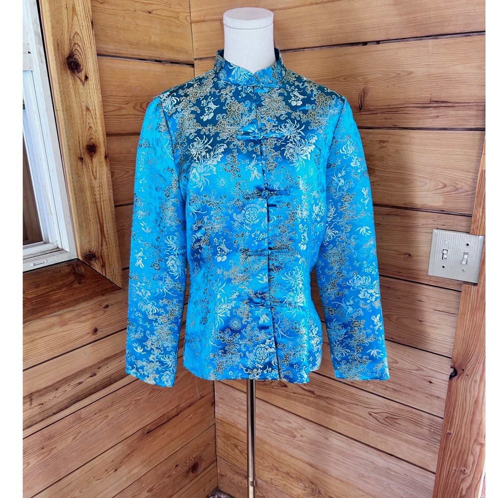 Vintage Tang Jacket Womens Large Turquoise Blue Gold Brocade Silver Silk